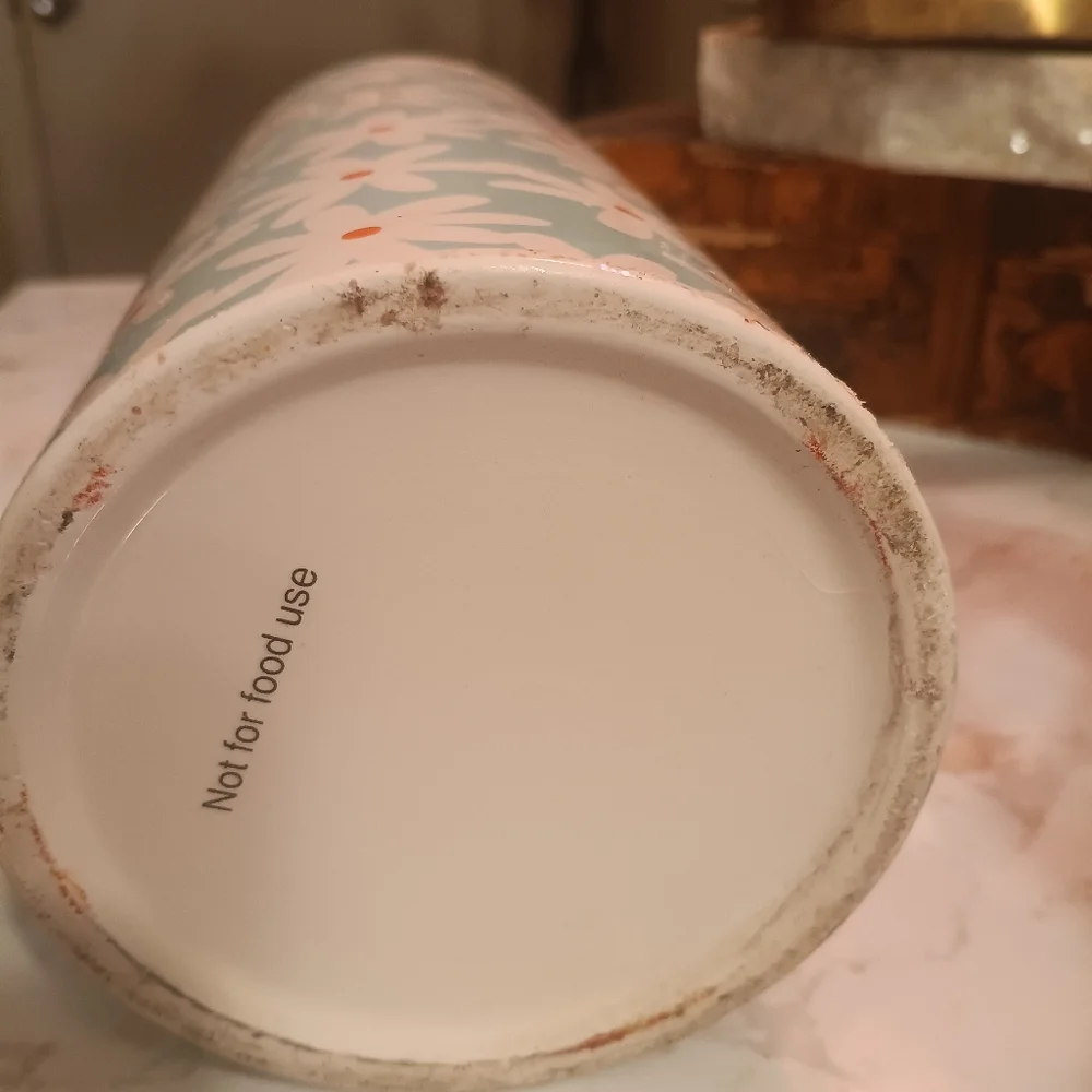 Mint flowered ceramic 12 inches w/wooden cover lid
